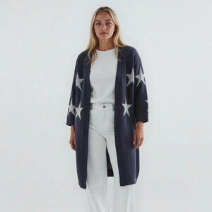 She + Sky Long Oversized Chunky Knit Star Print Cardigan in Navy and White
